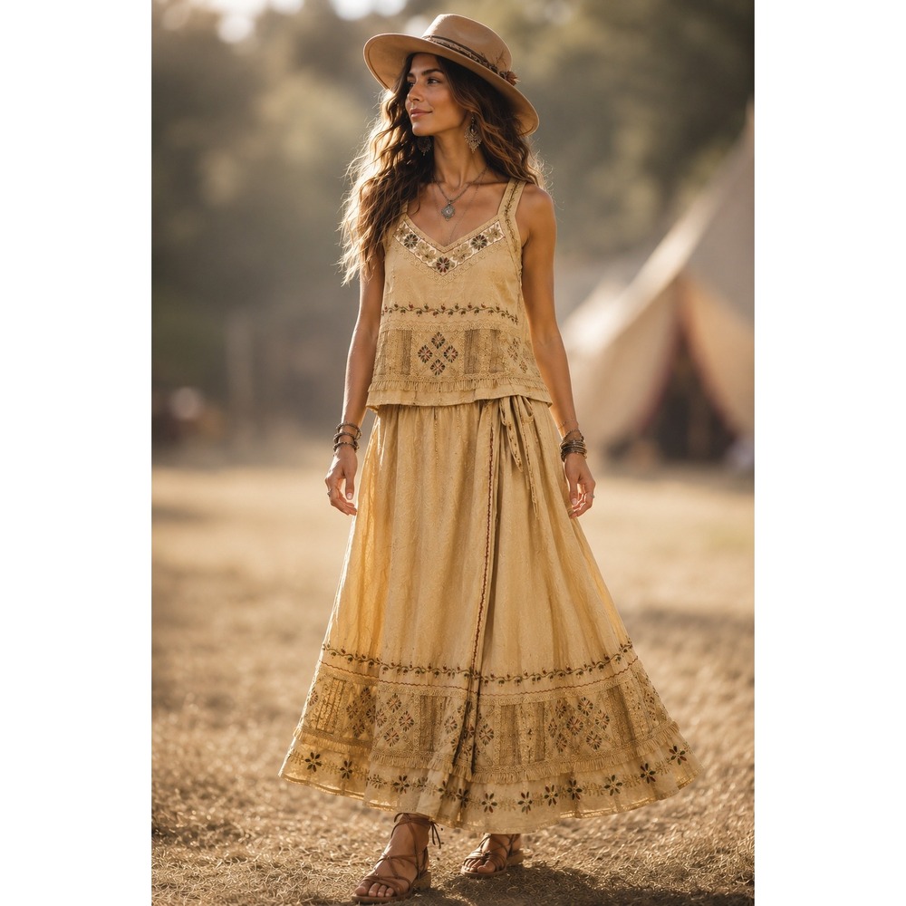 Vintage Boho Chic Festival Fringe Skirt Set Indie 90s Embroidered Size M Hippie